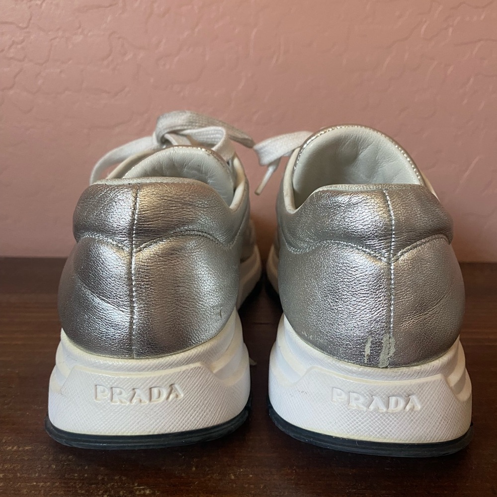 Prada Metallic Silver Lace-Up Sneakers - Picture 4 of 7